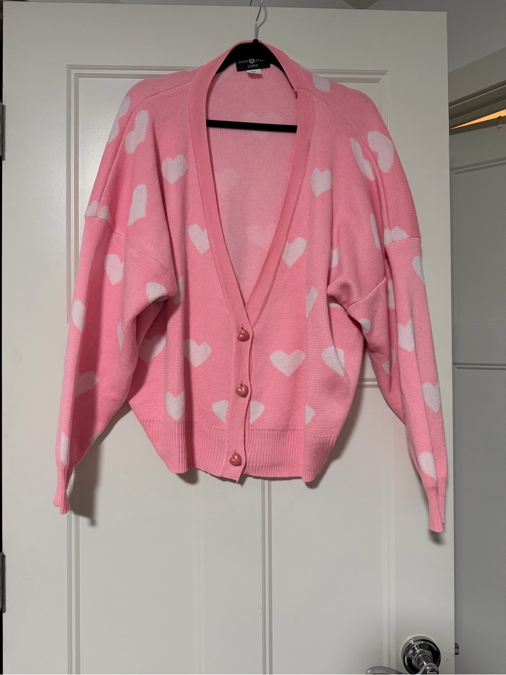 Pink Heart-Print Button Cardigan Sweater
